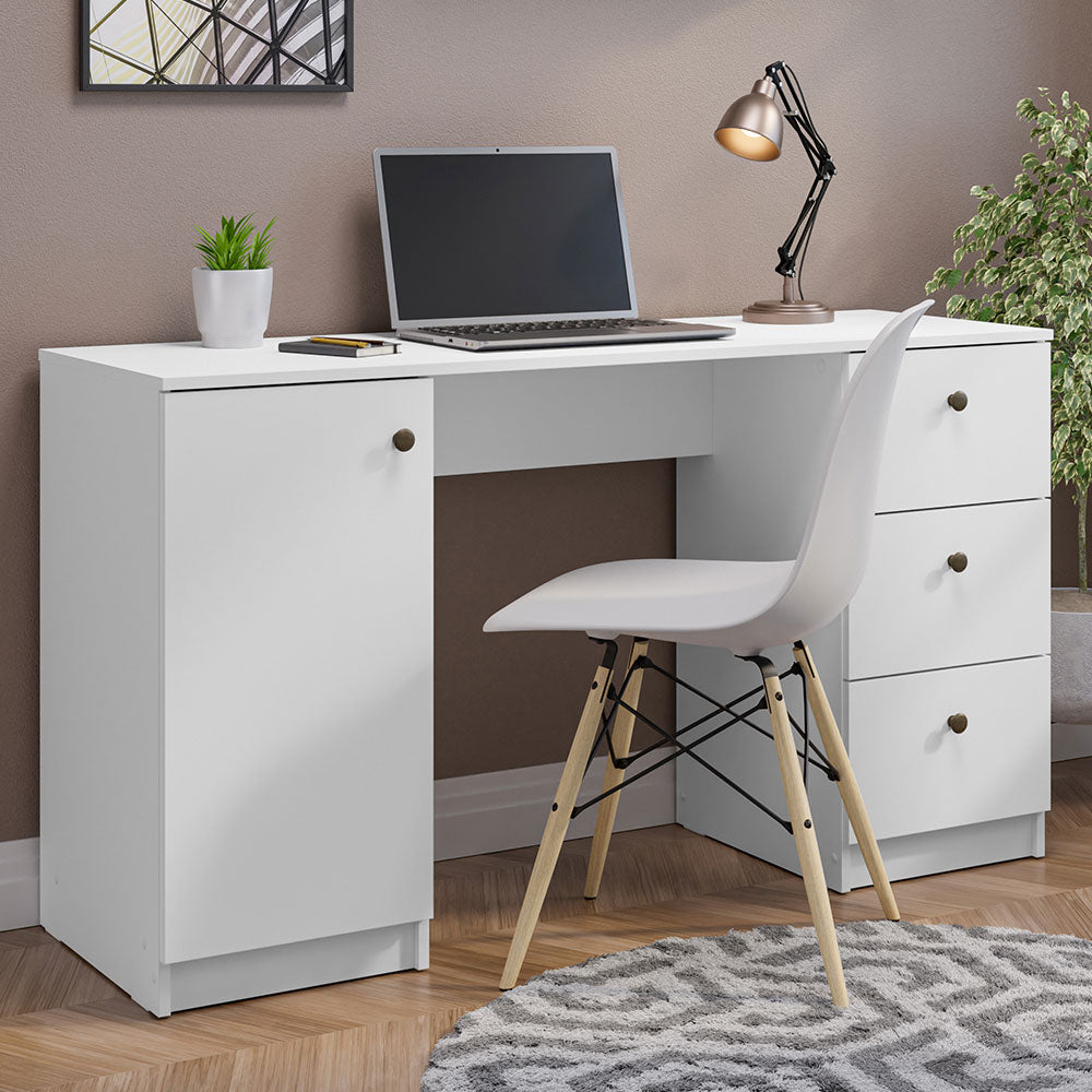 Modern 53 inch Computer Writing Desk with Drawers and Door, Executive Desk, Wood PC Table, 30” H x 18” D x 53” W - White