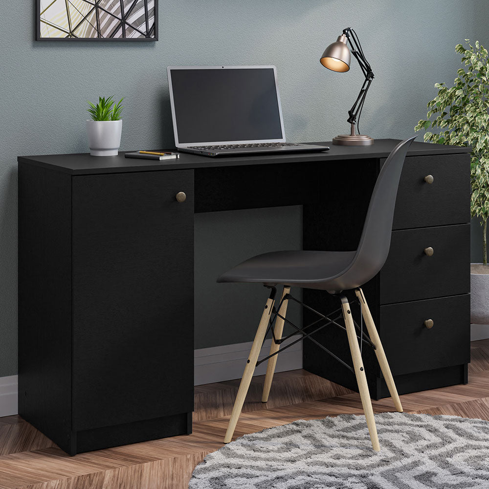 Modern 53 inch Computer Writing Desk with Drawers and Door, Executive Desk, Wood PC Table, 30” H x 18” D x 53” W - Black