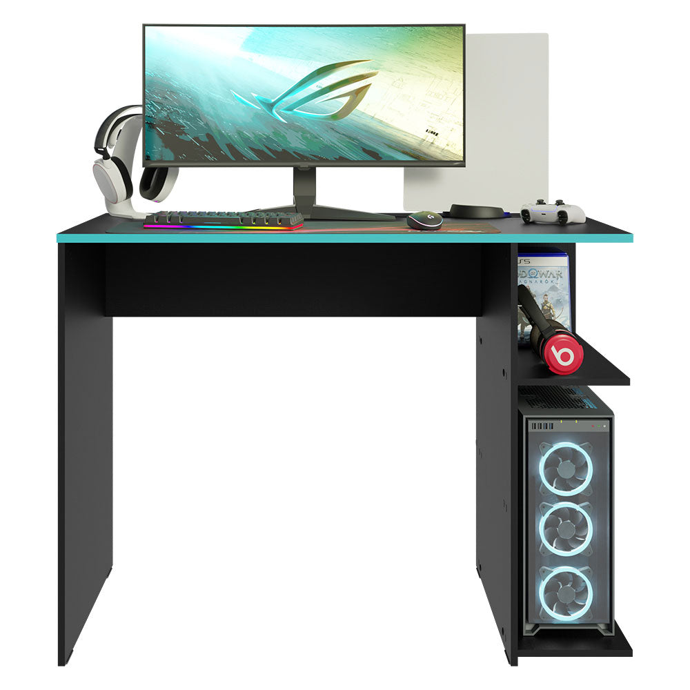 
                  
                    Load image into Gallery viewer, Compact Gaming Computer Desk with 2 Shelves, Cable Management and Large Monitor Stand, Wood, 21&amp;quot; D x 39&amp;quot; W x 30&amp;quot; H - Black/Blue
                  
                
