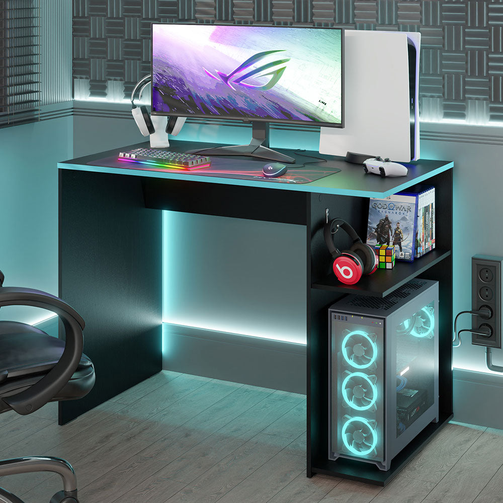 Compact Gaming Computer Desk with 2 Shelves, Cable Management and Large Monitor Stand, Wood, 21