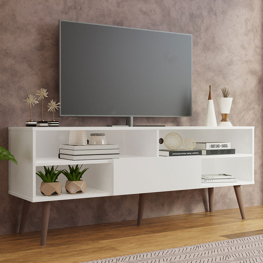 Modern TV Stand with 1 Door, 4 Shelves for TVs up to 65 Inches, Wood Entertainment Center 23'' H x 15'' D x 59'' L - White