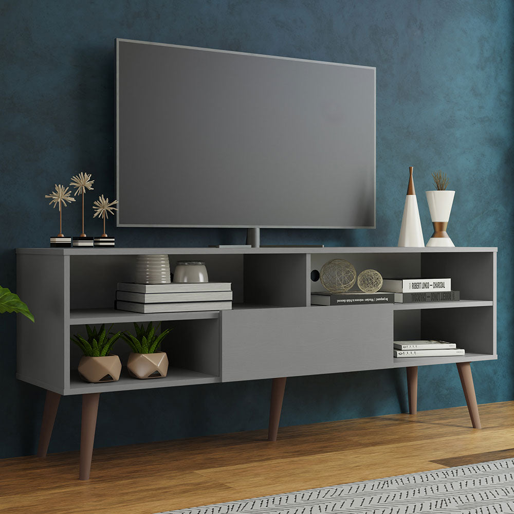 Modern TV Stand with 1 Door, 4 Shelves for TVs up to 65 Inches, Wood Entertainment Center 23'' H x 15'' D x 59'' L - Grey