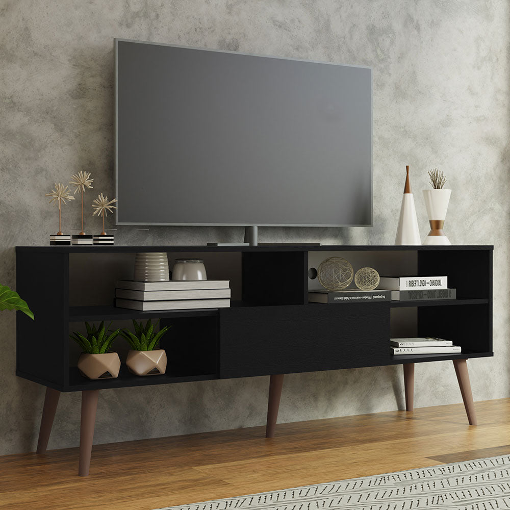 
                  
                    Load image into Gallery viewer, Modern TV Stand with 1 Door, 4 Shelves for TVs up to 65 Inches, Wood Entertainment Center 23&amp;#39;&amp;#39; H x 15&amp;#39;&amp;#39; D x 59&amp;#39;&amp;#39; L - Black
                  
                