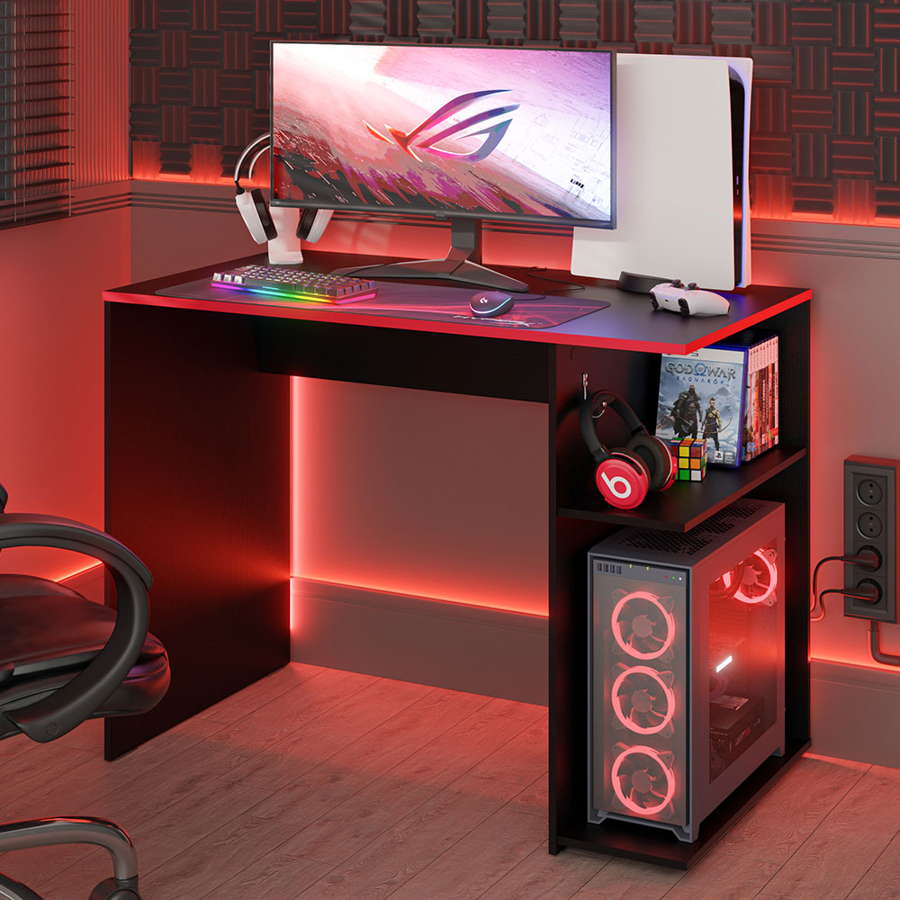 Compact Gaming Computer Desk with 2 Shelves, Cable Management and Large Monitor Stand, Wood, 21
