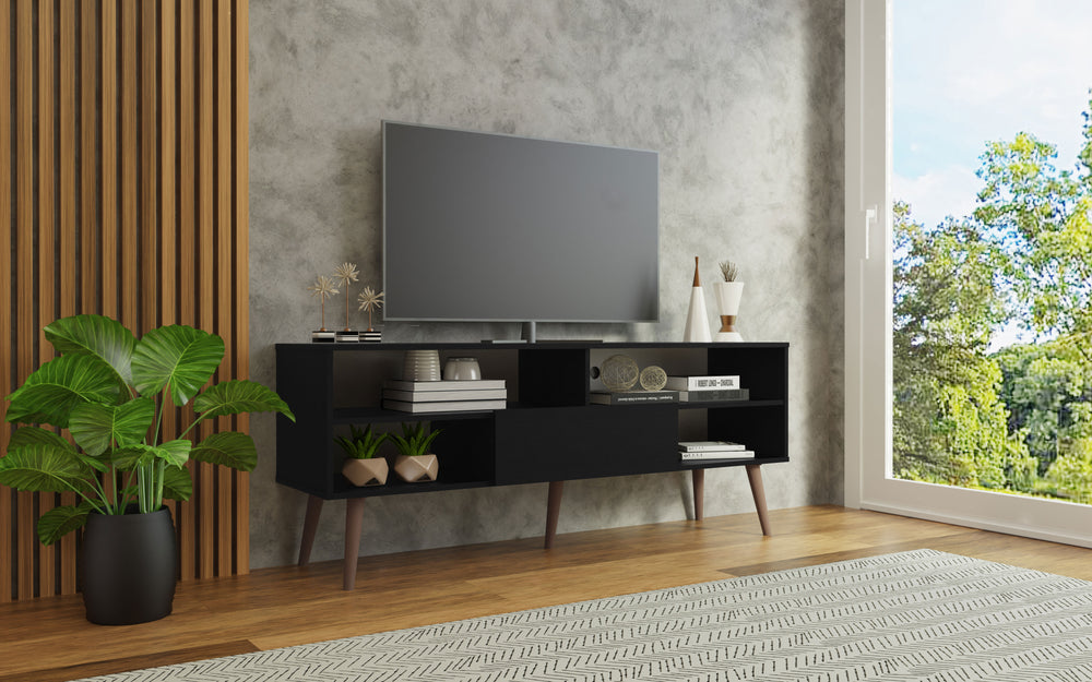 
                  
                    Load image into Gallery viewer, MADESA MODERN TV STAND WITH 1 DOOR, 4 SHELVES FOR TVS UP TO 65 INCHES, WOOD ENTERTAINMENT CENTER 23&amp;#39;&amp;#39; H X 15&amp;#39;&amp;#39; D X 59&amp;#39;&amp;#39; L – BLACK
                  
                