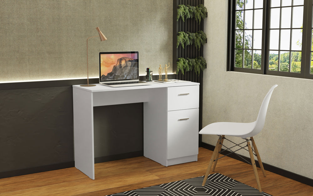 
                  
                    Load image into Gallery viewer, Compact Computer Desk Study Table for Small Spaces Home Office 43 Inch Student Laptop PC Writing Desks with Storage and Drawer - White
                  
                