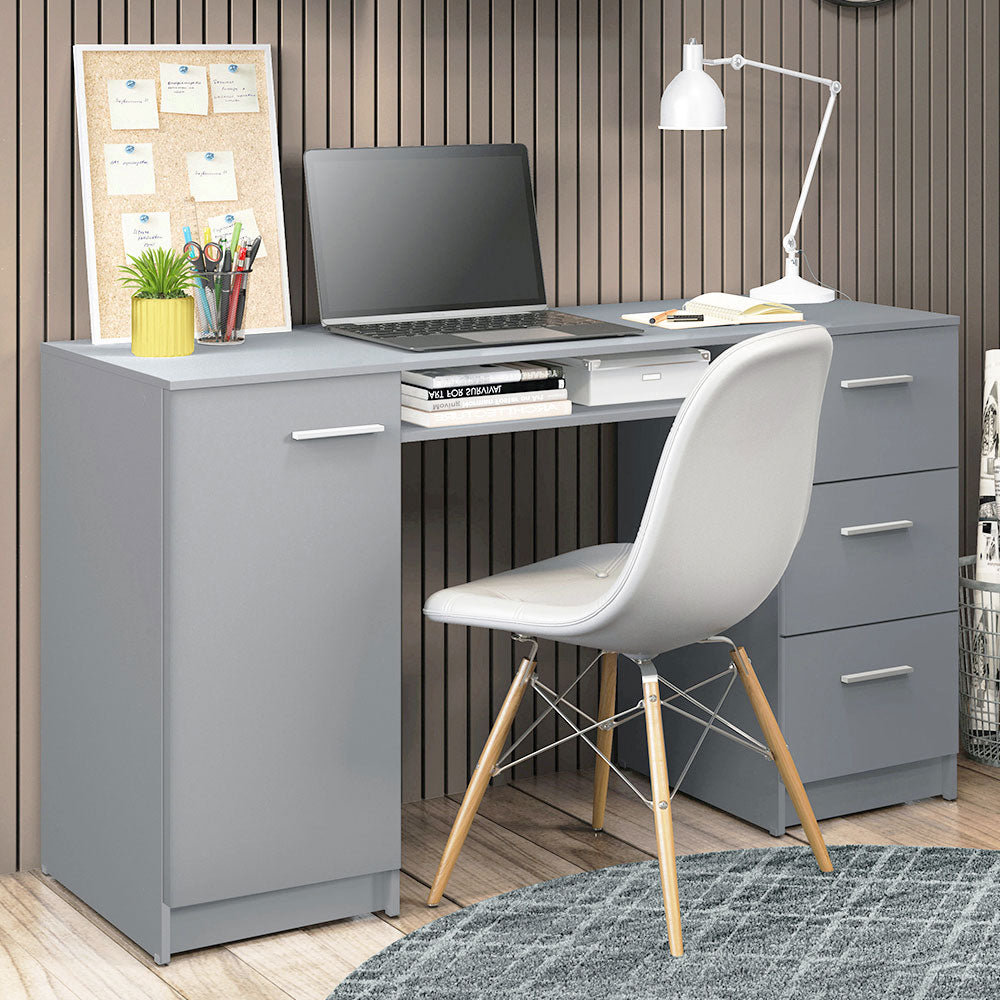 Computer Desk with 3 Drawers, 1 Door and 1 Storage Shelf, Wood Writing Home Office Workstation, 30” H x 18” D x 53” W - Grey