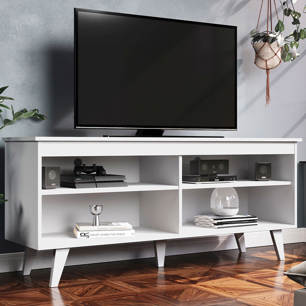 TV Stand Cabinet with 4 Shelves and Cable Management, TV Table Unit for TVs up to 55 Inches, Wooden, 23'' H x 15'' D x 53'' L - White