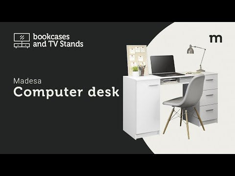 
                  
                    Load and play video in Gallery viewer, Computer Desk with 3 Drawers, 1 Door and 1 Storage Shelf, Wood Writing Home Office Workstation, 30” H x 18” D x 53” W - White
                  
                